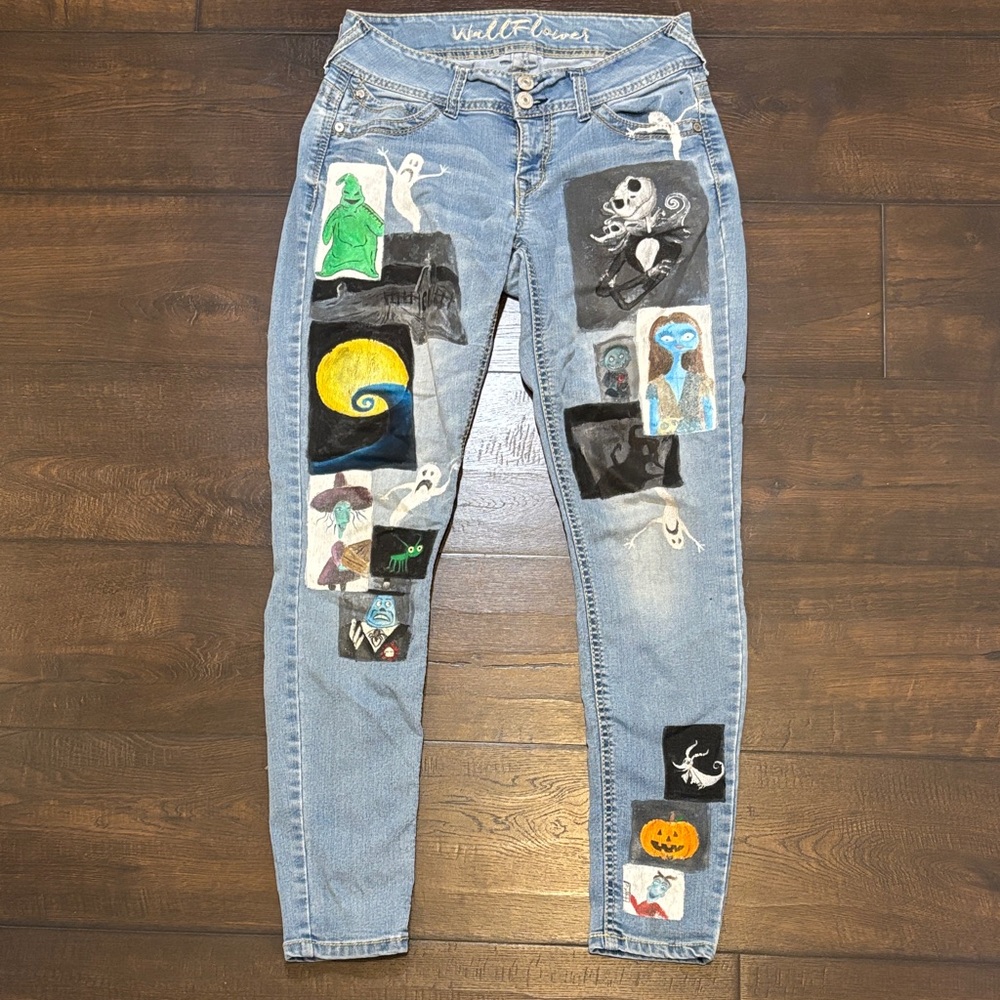 Junior girls Skinny Jeans with Hand-Painted Nightmare Before Christmas Art OOAK